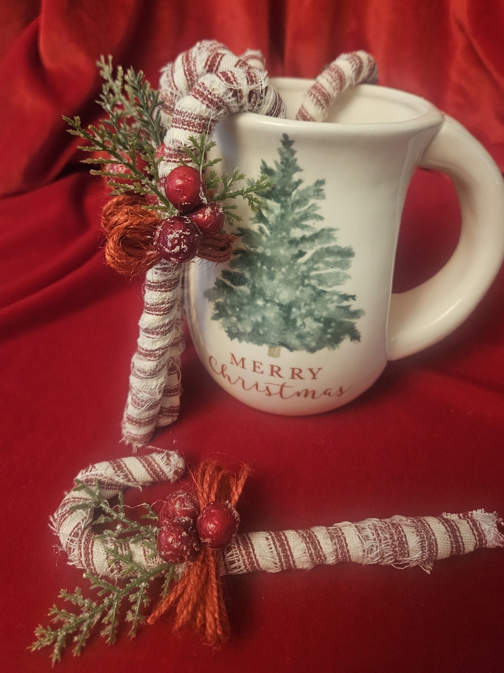 One Christmas Candy Cane With Evergreen, Berries & Red Twine